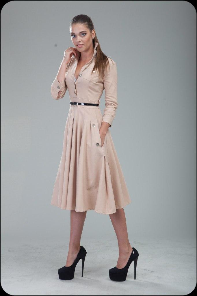 BootstrapFashion Beige Army Dress Flared With Pockets Retro Dress Autumn.